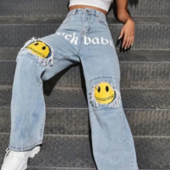 High-waisted 'rock baby' Smiley Face Jeans - Picture 1 of 3